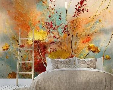 Oryginalny Gouden herfst: Bloemen en grassen op een zonnige dag.