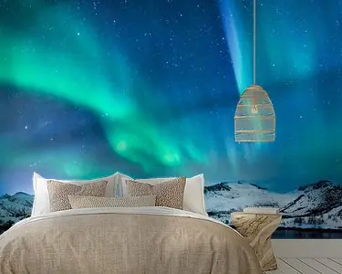 Bezpieczna płatność Noorderlicht, poollicht of Aurora Borealis in de nacht boven de Lofoten eilanden