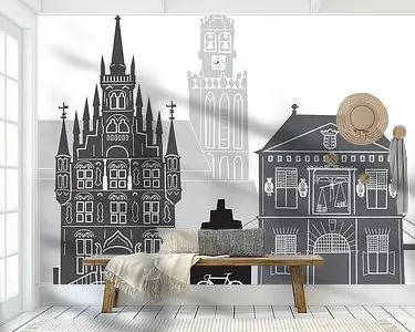 Oryginalny Skyline illustratie stad Gouda zwart-wit-grijs