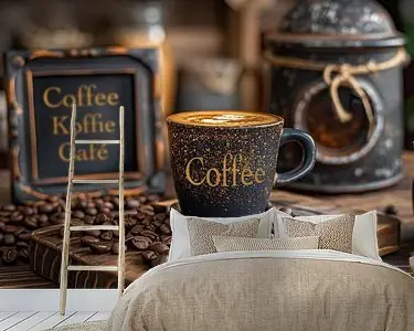 Bezpieczna płatność koffiekopje met koffiebonen op dienblad in koffiebar