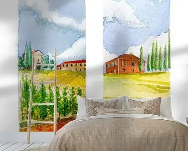 Najlepsza cena Toscaanse landschappen | Aquarel Schilderij | Tweeluik