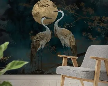 Elegante Kraanvogels bij Maanlicht \\u2013 Mystiek en Luxe Wandkunst Szybka dostawa
