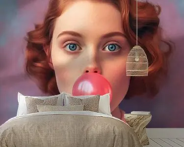 Portret foto van een jonge vrouw met een bubblegum uit haar mond Niska cena