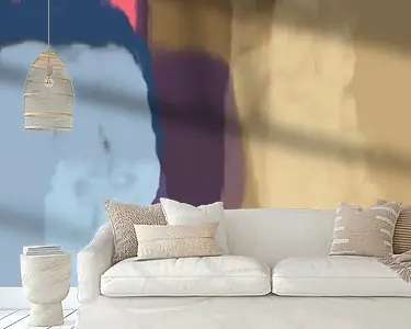 Ostatnia szansa Retro 70s stijl abstracte kunst in warm bruin, beige, paars, blauw en neon roze.