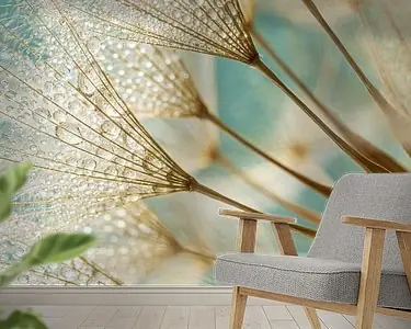 Oryginalny Warm landelijk panorama: Goudbruine pluisjes met turquoise