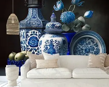 Najlepsza cena Klassiek stilleven met Delfts blauw aardewerk en blauwe bloemen