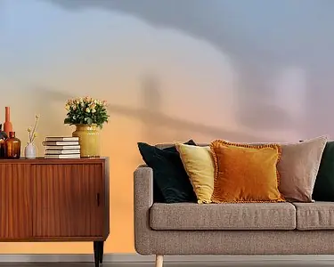 Oryginalny Retro jaren 70 neon kunst. Abstract verloop in lichtblauw, geel, roze.