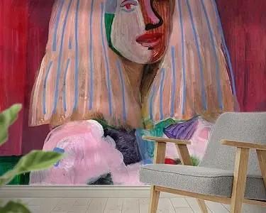 Vrolijk mixed media portret met roze Zamów teraz