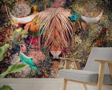 Bezpieczna płatność Schotse Hooglander in collage met gouden barok en vogels met een kroontje