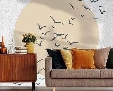 Japandi. Abstract landschap met pastelgele zon en vogels op Japans bullseye-patroon Oferta