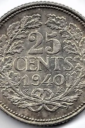 Oryginalny Nederland 1940 25 Cent Wilhelmina P+