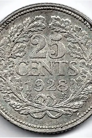 Nederland 1928 25 Cent Wilhelmina ZF+ Wysoka jakość