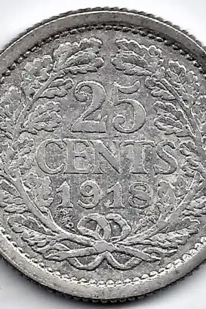 Autentyczny Nederland 1918 25 Cent Wilhelmina ZF