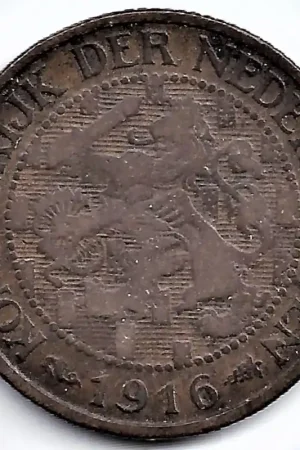 Oryginalny Nederland 1916 1 Cent Wilhelmina F+ (korte 6)