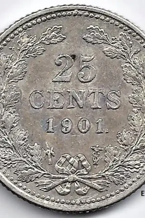 Oryginalny Nederland 1901 25 Cent Wilhelmina F (smalle hals)