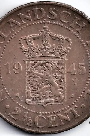 Autentyczny Nederlands Indië 1945P 2½ Cent Wilhelmina P+