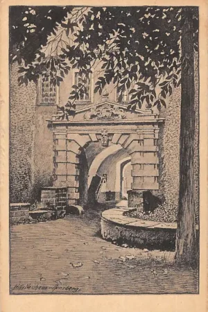 Wysoka jakość Duitsland Schloss Herdringen Schlosseingang Kasteel Illustator Willy Neuhaus Vintage Deutschland Europa HC58723