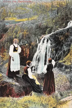 Oryginalny Noorwegen Hilsen fra Hardanger Vrouwen in klederdracht Vintage Norge Norway Europa HC56849