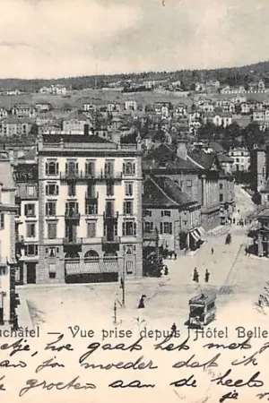 Zwitserland Neuchatel Vue prise depuis Hotel Bellevue Tram 1905 Schweiz Switzerland Europa HC56647 Autentyczny