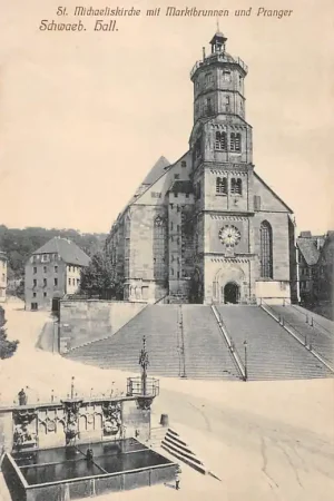 Duitsland Schwaeb Hall Michaeliskirche mit Marktbrunnen und Pranger Deutschland Europa HC56514 Tylko dziś