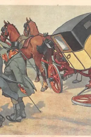 Fantasie Paarden en verongelukte koets koets Illustrator Frits Schönpflug Vintage Duitsland Deutschland EuropaHC56361 Wysoka jakość