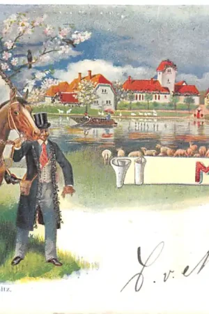 Duitsland Fantasie Maandkaart 1900 Mai Ruiter te paard Vintage Deutschland Europa HC55952 Niska cena