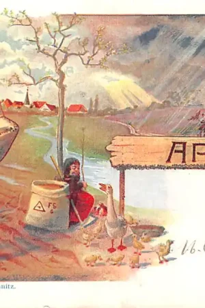 Duitsland Fantasie Maandkaart 1900 April Zaaien en nieuw leven Vintage Deutschland Europa HC55951 Zwrot pieniędzy