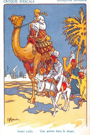 Zamów teraz Fantasie Illustrator Henri Gervese Port Said Egypte Une pionte dans le desert Cie Messageries Maritimes Marine Croquis d'Escale Cartoon Humor Frankrijk France Afrika Europa HC54923