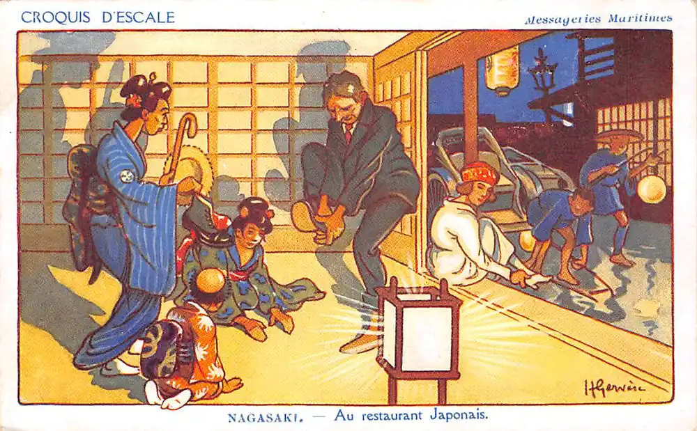 Fantasie Illustrator Henri Gervese Japen Nagasaki Au restaurant Japonais Messageries Maritimes Marine Croquis d'Escale Cartoon Frankrijk France Europa HC54895 Nowość