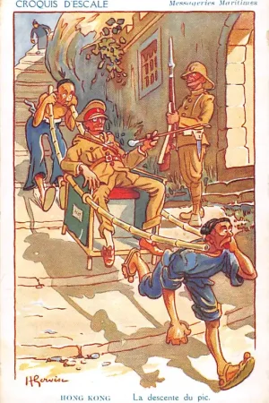 Oryginalny Fantasie Illustrator Henri Gervese Hong Kong China La decente du pic Cie Messageries Maritimes Marine Croquis d'Escale Cartoon Frankrijk France Europa HC54894