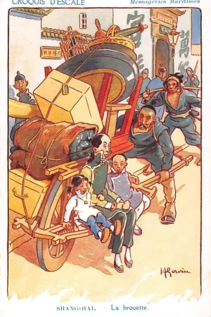 Tani Fantasie Illustrator Henri Gervese Shang-Hai La brouette China Cie Messageries Maritimes Marine Croquis d'Escale Cartoon Frankrijk France Europa HC54892