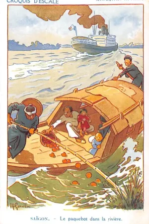 Fantasie Illustrator Henri Gervese Saigon Vietnam Le paquebot dans la riviere Cie Messageries Maritimes Marine Croquis d'Escale Cartoon Frankrijk France Europa HC54890 Wyprzedaż