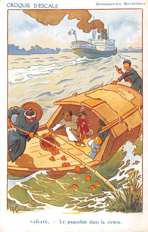 Fantasie Illustrator Henri Gervese Saigon Vietnam Le paquebot dans la riviere Cie Messageries Maritimes Marine Croquis d'Escale Cartoon Frankrijk France Europa HC54890 Wyprzedaż