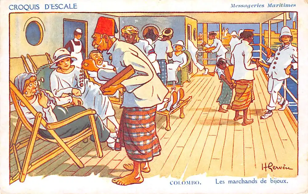 Fantasie Illustrator Henri Gervese Colombo Les marchands de bijoux Cie Messageries Maritimes Marine Croquis d'Escale Cartoon Frankrijk France Europa HC54887 Bezpieczna płatność