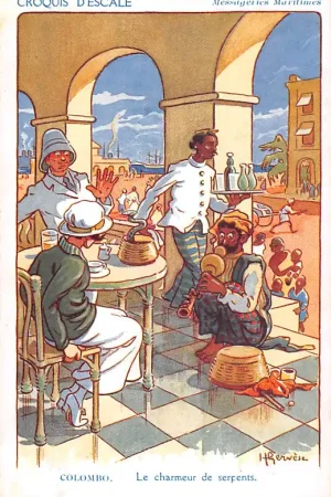 Fantasie Illustrator Henri Gervese Cie Messageries Maritimes Croquis d'Escale Sri-lanka Colombo Le charmeur de serpents Marine Cartoon Frankrijk France Europa HC54886 Autentyczny