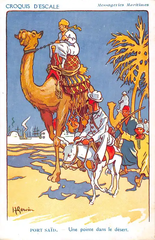 Fantasie Illustrator Henri Gervese Port Said Une pointe dans le desert Cie Messageries Maritimes Marine Cartoon Frankrijk France Europa HC54885 Tylko dziś