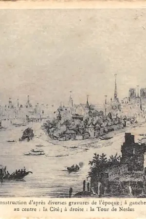 Frankrijk Paris au XVIe siecle a gauche la Porte et la Tour du Louvre, au centre Le Cite, au droite la Tour de Nesles France Europa HC52477 Oryginalny