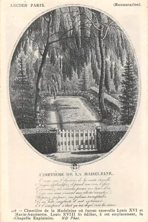Autentyczny Frankrijk Ancien Paris Cimetiere de la Madelaine ou furent ensevelis Louis XVI et Marie-Antoinette, Louis XVIII fit edifier, a cet emplacement, la Chapelle Expiatore Begraafplaats France Europa HC52424