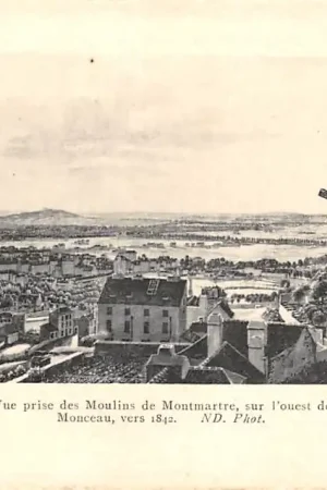 Oferta Frankrijk Ancien Paris Vue Prise des Moulins de Montmartre, sur l'ouest de Paris; au centre: la Pleine Monceau, vers 1842 Molens France Europa HC52419