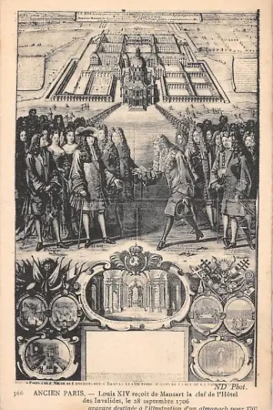 Oryginalny Frankrijk Ancien Paris Louis XIV recoit de Mansart la clef de l'Hotel ndes Invalides, le 28 septembre 1706 France Europa HC52260