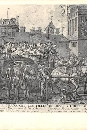 Frankrijk Moeurs et Costumes de L\\u2019Ancien Paris Le Transport des Filles de Joye a L'Hopital France Vintage Klederdracht Europa HC52251 Tylko dziś