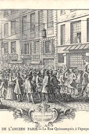 Wysoka jakość Frankrijk Moeurs et Costumes de L\\u2019Ancien Paris La Rue Quincampoix a l'epoque de Law (1720) France Vintage Klederdracht Europa HC52239