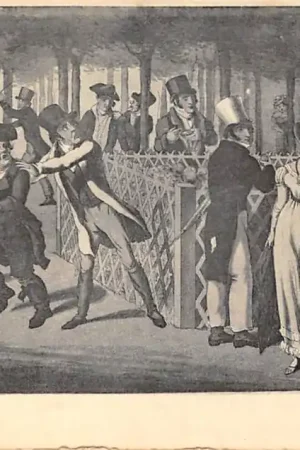 Oryginalny Frankrijk Moeurs et Costumes de L\\u2019Ancien Paris Le canon du Palais Royal en 1824 France Vintage Klederdracht Europa HC52230