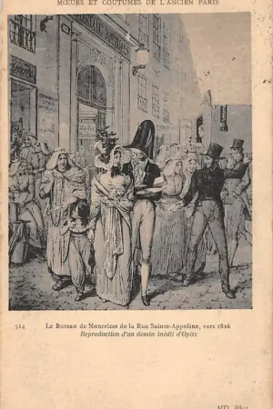 Rabat Frankrijk Moeurs et Costumes de L\\u2019Ancien Paris Le Bureau de Nourrices de la Rue Sainte-Appoline vers 1826 France Vintage Klederdracht Europa HC52225