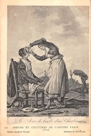 Frankrijk Moeurs et Costumes de L\\u2019Ancien Paris Le jour du barbe d'un charbonnier France Vintage Klederdracht Europa HC52222 Oryginalny