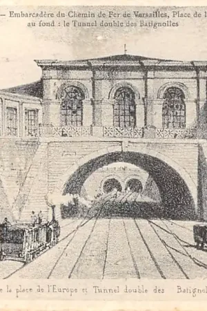 Frankrijk Ancien Paris Embarcadere du Chemin de Fer de Versailles, Place de l'Europe en 1843 an fond le Tunnel double des Batignolles Spoorwegen Treinen France Europa HC52213 Popularny