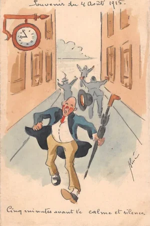 Frankrijk WO1 Cartoon Humor Souvenir du 4 Aout 1915 Cinq minutes avant le clame et silence Verduistering 1914-1918 France Europa HC51033 Nowość