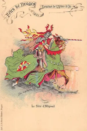 Kup teraz België Brugge Fetes de Bruges 1907 Tournoi de l'Arbre d'Or Le Sire d'Argueil te paard Illustrator Flori Van Acker Europa HC48706