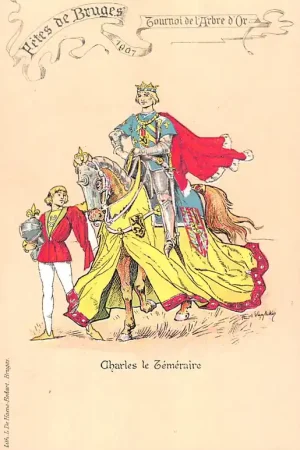 Bezpieczna płatność België Brugge Fetes de Bruges 1907 Tournoi de l'Arbre d'Or Charles de Temeraire te paard Illustrator Flori Van Acker Europa HC48702