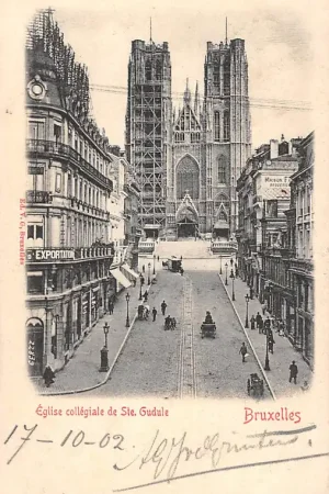 België Brussel Bruxelles Eglise collegiale de Ste. Gudule in de steigers Paardentram 1902 Tram Europa HC43345 Rabat